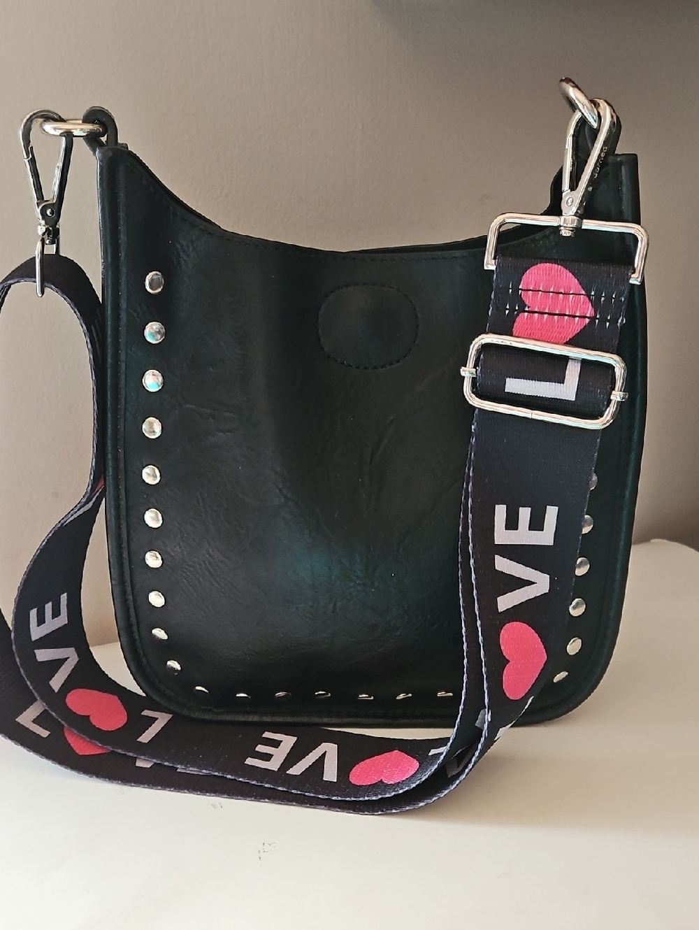 AH DORNED BLACK VEGAN LEATHER STUDDED MESSENGER CROSSBODY (New $88)